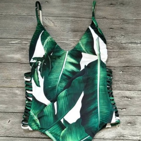 Palm Tree Tropical Green Swimsuit Bikini 1 Pc - Picture 4 of 6